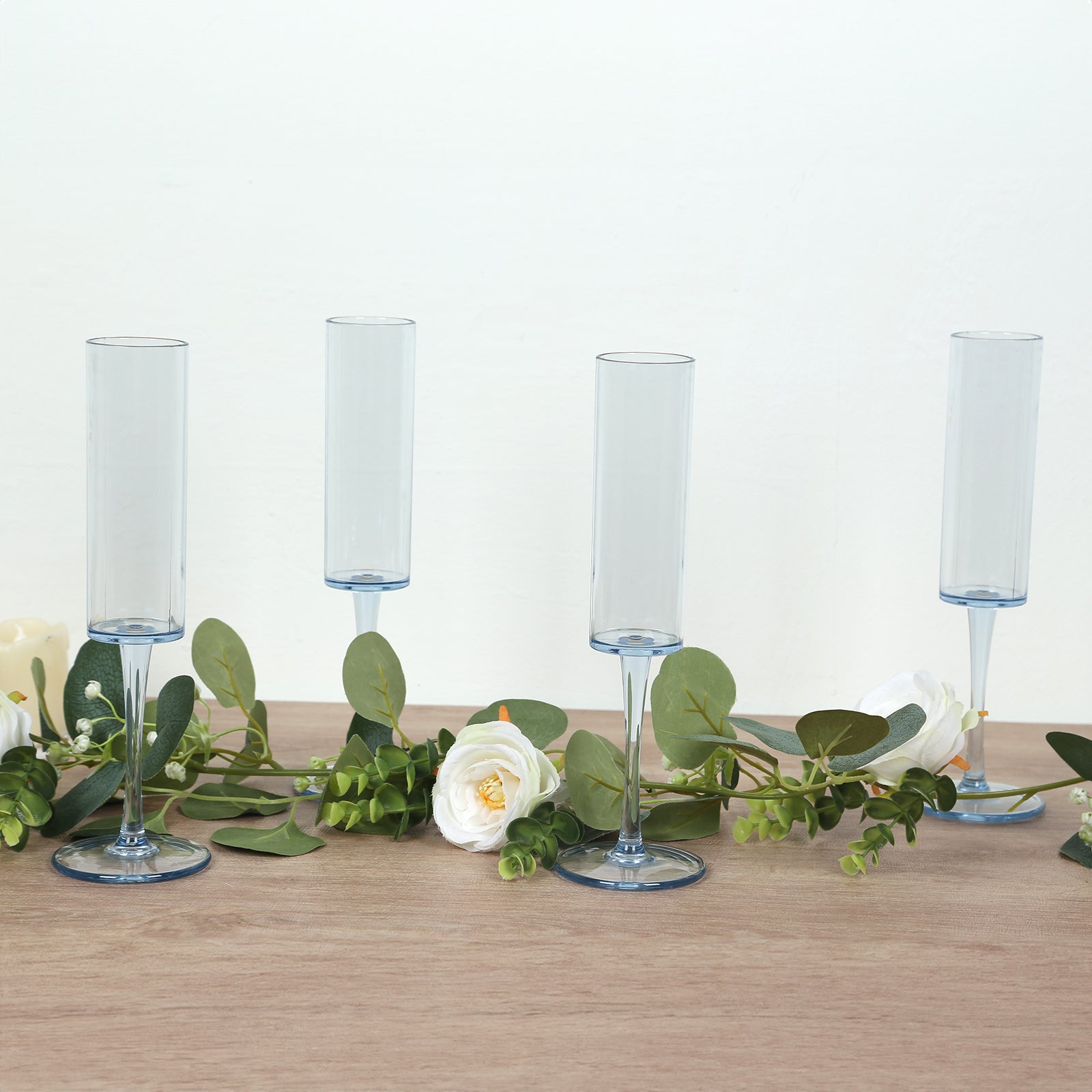 6-Pack Transparent Dusty Blue Plastic Champagne Flute Glasses 6oz, Cylindrical Shape with Long Stems - Reusable Wine Mimosa Goblets 9.5" Tall